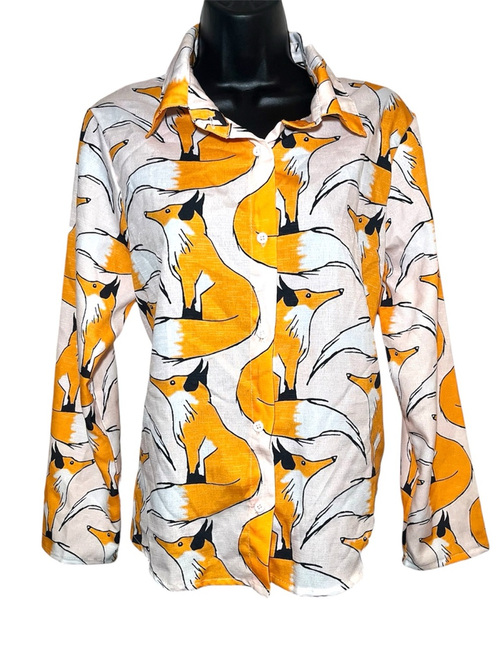 White & Yellow/Orange Fox Print Button-Up Collared Long Sleeve Shirt